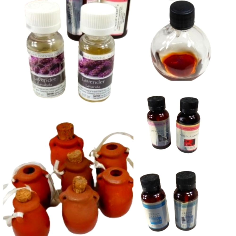 Lot of 7 Hanging Diffuser Clay Pots 6 Used Bottles of Essential Fragrance Oils